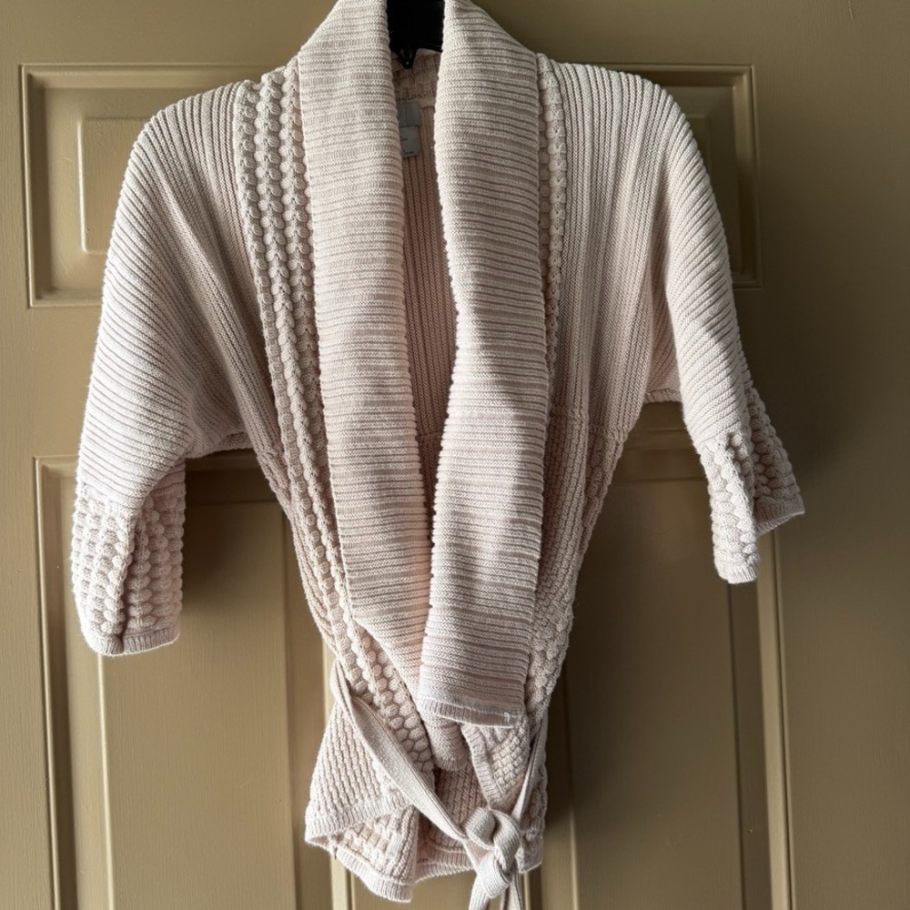 H&M Women's L Chunky Knit Open Cardigan Cream Belted Boho Minimalist Sweater